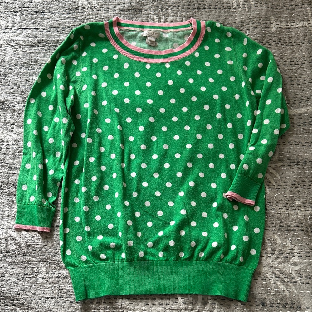 J. Crew Green Polka Dot Crewneck Sweater with Pink Trim